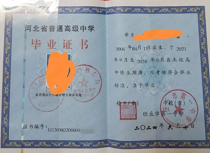 十堰任丘市第一中学高中毕业证样本图片